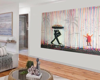 Rainbow Rain Man Oil Painting Large Street Art (71x36)