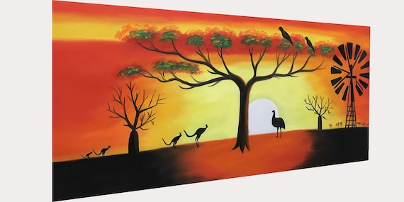 Abstract original Painting Modern Art Framed landscape cockatoo sunset