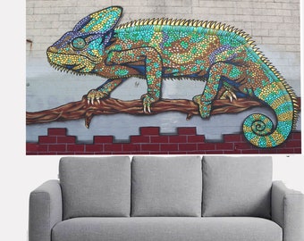 chameleon lizard  Graffiti Street art Rainbow wall décor Big canvas print  abstract painting framed or unframed