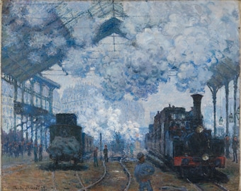 Framed Claude Monet Canvas Art, Steam trains railway 1877, Vintage painting print, wall decor, homemade timber frame