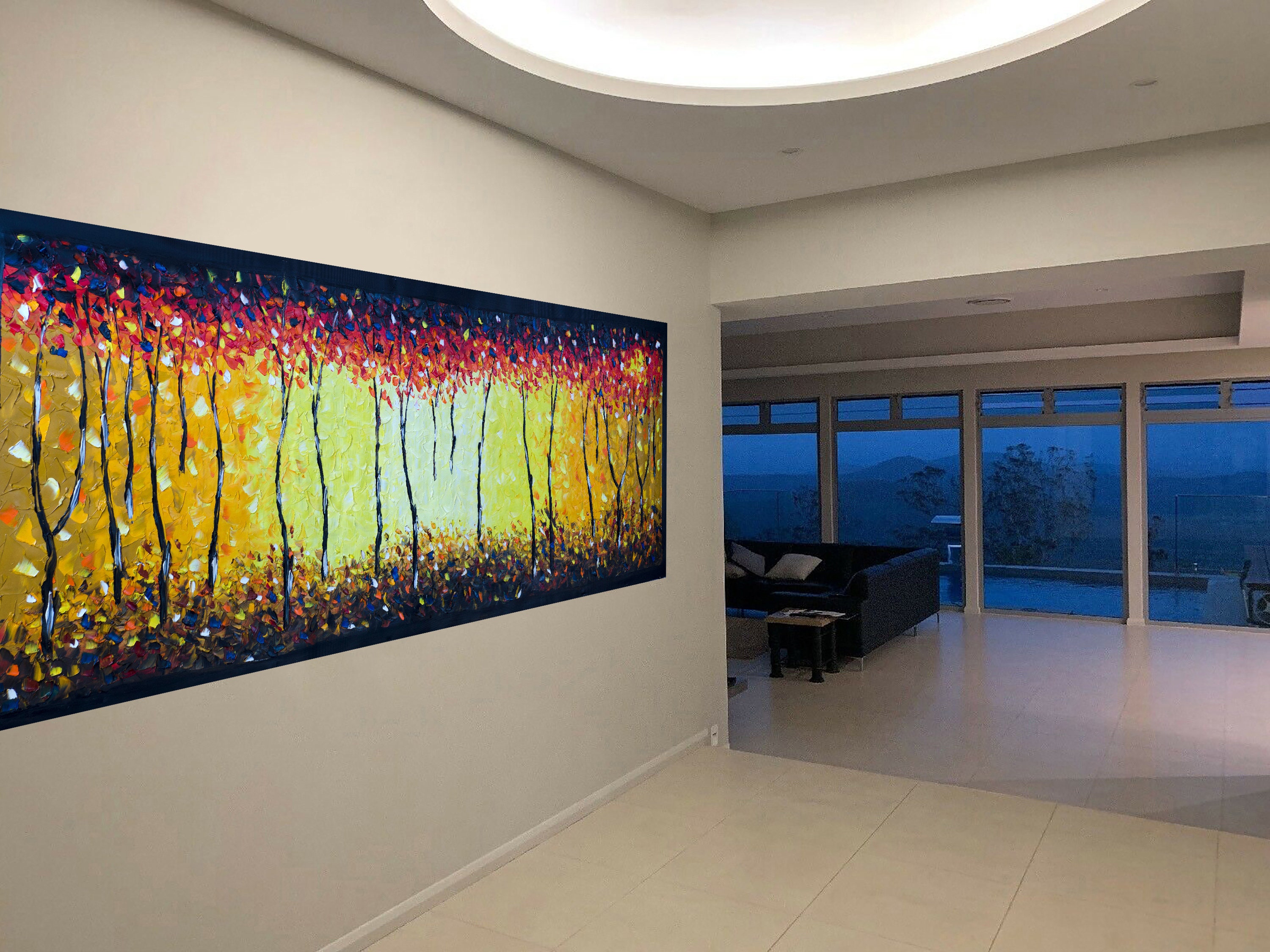 油絵 山火事 大きな抽象的な木の油絵：山火事の風景画（94インチ×32インチ