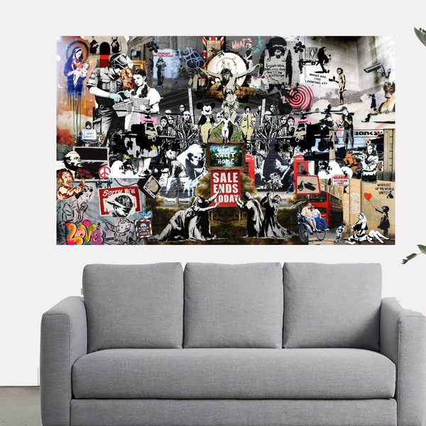 Best of Banksy, framed street art canvas, wall graffiti print, montage mural painting