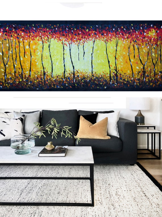 大きな抽象的な木の油絵：山火事の風景画（94インチ×32インチ） - Etsy