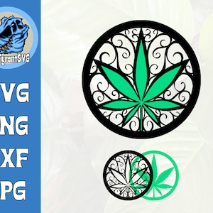 May include: Black and white circular design with a green marijuana leaf in the center. The design is intricate and features a floral pattern.
