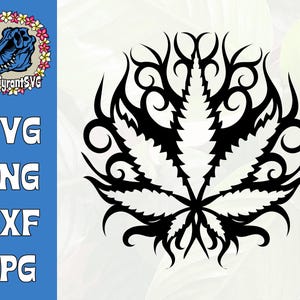 May include: Black and white tribal style illustration of a cannabis leaf with intricate details.