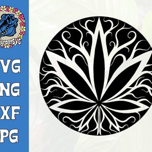 Puede incluir: Diseño de mandala en blanco y negro con una hoja de cannabis estilizada con detalles intrincados. La hoja está rodeada de líneas y patrones en espiral.