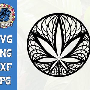 Könnte beinhalten: Schwarz-weißes Mandala-Design eines Cannabisblattes. Das Design ist filigran und detailliert, mit einer runden Form.
