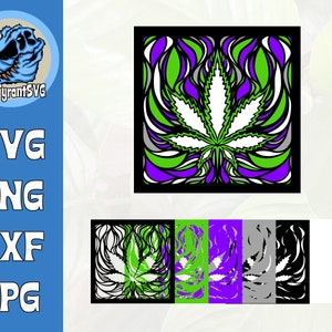 May include: A digital design featuring a stylised cannabis leaf with a psychedelic swirl pattern in shades of green, purple, white, and black.
