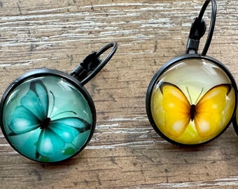 16M Yellow Butterfly and Teal Butterfly French Lever Back Earrings, Stainless Steel Black Frame, Great Gift