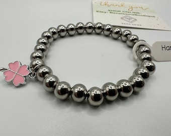 Edelstahl 8M Perlenarmband für Jungen oder Mädchen, mit 4 Kleeblatt, Glück Armband, Silber, schönes Armband, Silberperlen