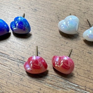 Adorable Set Of 3,  Shimmering Heart Shaped Pearl Stud Earrings in White, Pink and Blue, Cabochon Brass Stainless Steel  great as a gift