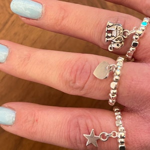 Hematite Silver Bead Ring: Dangle Heart, Star, Elephant Charms