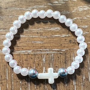 4M White Pearl Cross Beaded Pearl Bracelet, adjustable, great girls or boys gift, wedding, religious, communion, Christmas