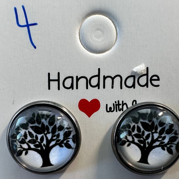 12M Black and White Tree Scene Stud earrings, great guy or girl gifts, unique, Silver stainless steel won't tarnish, hypoallergenic, unique