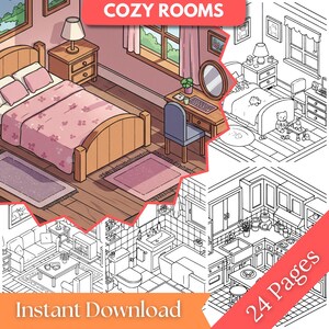 May include: A digital coloring book with 24 pages featuring illustrations of cozy rooms. The cover shows a bedroom with a pink bed, a vanity with a mirror, and a window with a view of trees. The text "Cozy Rooms" is written in a decorative font.