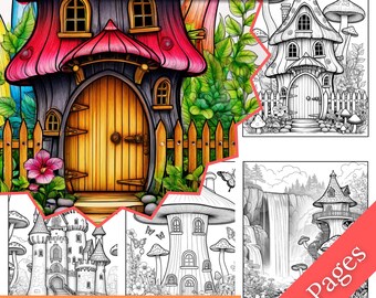 Mushroom House Coloring Pages for Adults: 50 Fantasy Designs (Digital Download)
