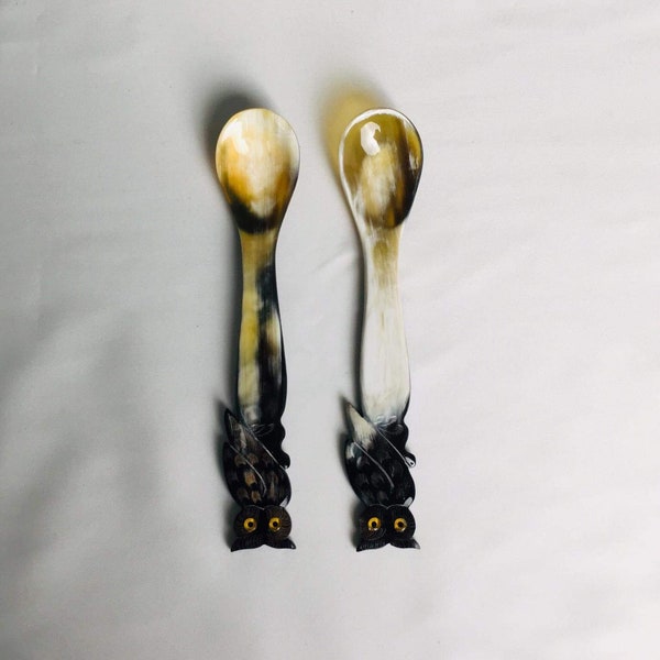 Set 2 Horn Spoons caviar Spoons egg spoons, Owl Shape Handle