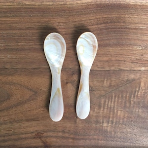 Peut inclure: Deux petites cuillères blanches avec une finition nacrée, en nacre, sont présentées sur une surface en bois.