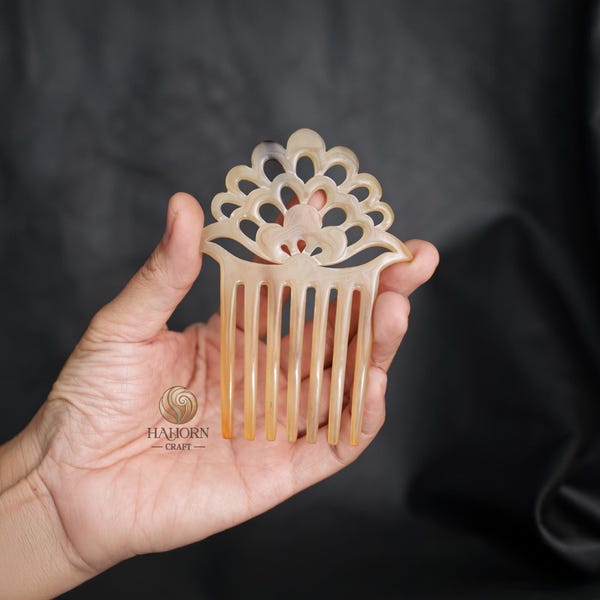 Peigne à cheveux en corne de buffle, 7 branches, fourche à cheveux pour femme, accessoires pour cheveux à motif floral complexe, épingle à cheveux pour femme
