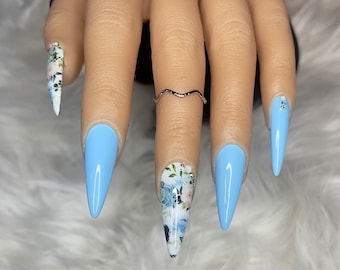 Long Stiletto Blue Floral Press on Nails