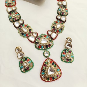 Navratan Necklace Set with Earrings/ Polki Navratan Set/ Multi colored necklace with earrings/ Indian multi color jewelry/ Amrapali Jewelry