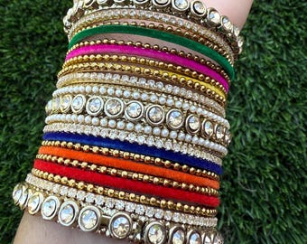 Multicolor Bridal Bangle Set: Kundan, Pearl & Velvet Indian Wedding Jewelry