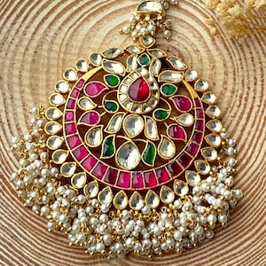 Oversized Paachi Kundan Tikka | Round Multicolor Bridal Maang Tikka | Gold Plated with Pearls, Ruby, Emerald Accents | Indian Wedding Jewel