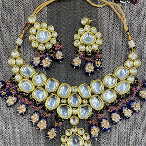 Dark Blue Bridal Kundan Set with Earrings Meenakari Heavy Necklace Set Indian Bridal Necklace Set