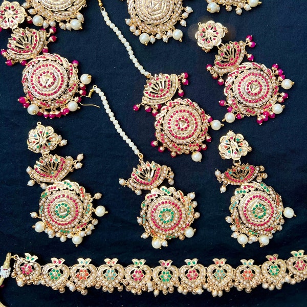 Pearl White Jadau/ Hyderabadi Jadau/ Pink Jadau/ Navratan Jadau/ Navratan Choker with Tikka & Earrings