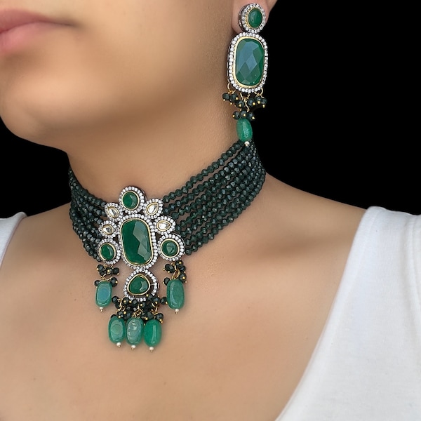 Victorian Style Green Choker Set/ Victorian style Maroon Choker Set/ Indian Jewelry/Pakistani Jewelry/Punjabi Jewelry