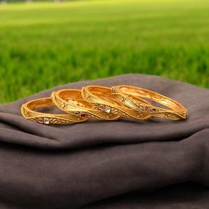 2.2 Gold Plated Rubygreen Bangles/ 4 Piece gold bangle set/ New Design Bangles/ Indian gold plated bangles/ Lightweight Bangles set of 4