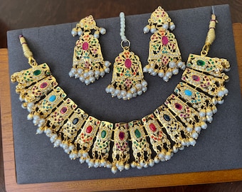 Gold Plated Jadau Set: Earrings and Tikka, Pearl Detail