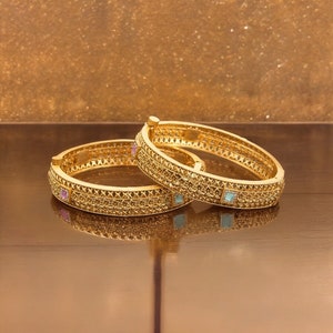 Gold Plated Openable Bangles with Mintpink Detail - Indian Bangle Set