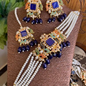 Nouratan Choker set in Blue with Earrings and Tikka/Made in Pakistan/Pakistani Jewelry/ Wedding Jewelry/ Punjabi Jewelry