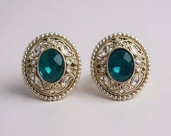 Kundan Stud Earrings | Indian Gold-Tone Pearl Jewelry