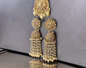 Many colors in polki Jhumki with Tikka/ Yellow Jhumka Set/ Light blue jhumka set/ White jhumka set/ Black jhumka set/ Jaggo tikka set