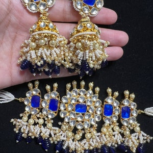Royal Blue Pacchi Kundan Set/ Punjabi Jewelry/ Real Kundan Jewelry/ Dark Blue choker set/ High end quality/ Jaggo Jewelry