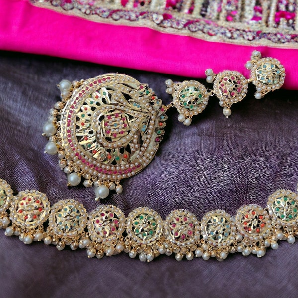 Noratan Set with Earrings &Tikka/ Bridal Jewelry/ Pakistani Jewelry/ Punjabi Jewelry/ Navratan Set/ Multi color Jadau Set