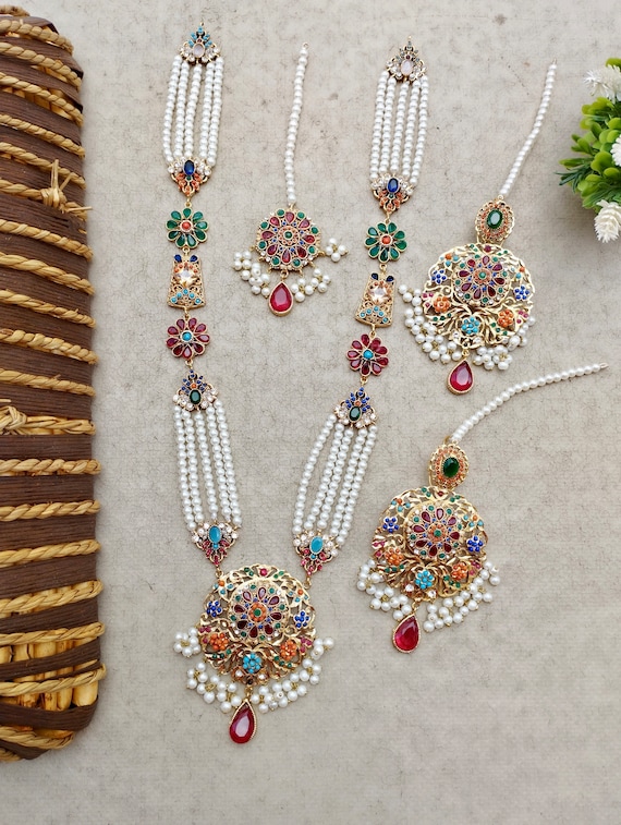 Navratan Jewelry Set: Mala, Earrings & Tikka - Indian Jadau Jewelry
