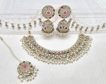Indian Navratan Choker Set: Jhumki Earrings & Tikka