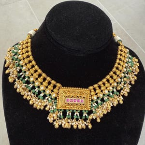 Antique Gold Temple Necklace Set | Handmade Green Beaded Choker with Ruby Accents | Traditional South Indian Jewelry Set