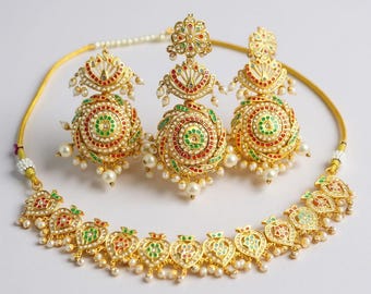 Handmade Jadau Choker Set: Pearl, Pink, Navratan with Tikka & Earrings