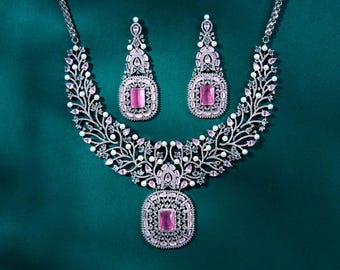 Pink American Diamond Necklace Set: Bollywood Polki CZ Jewelry