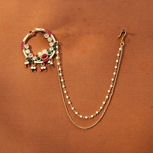 Gold Plated Nose Ring in Rubygreen and Green/ Antique Nose Ring/ Indian Nose Ring/ Gold Plated Nath/ Bridal nose ring