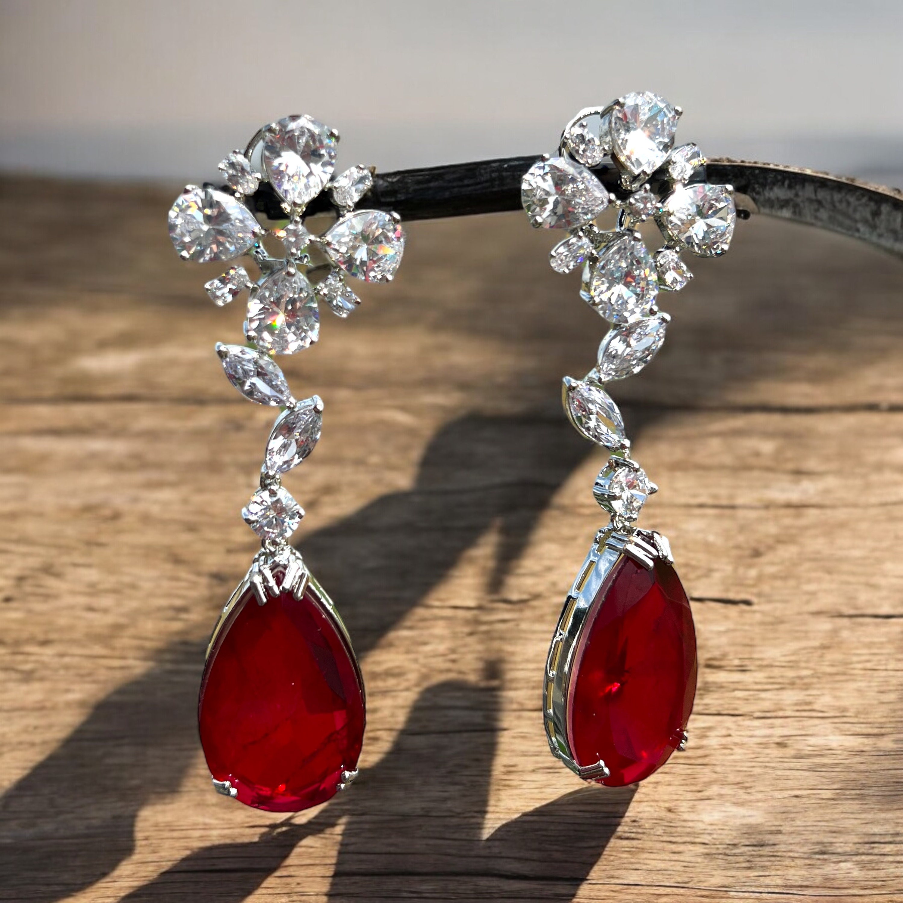 Red Dangle Ruby Red Dangle Earrings: American Diamond Bollywood Style - Etsy