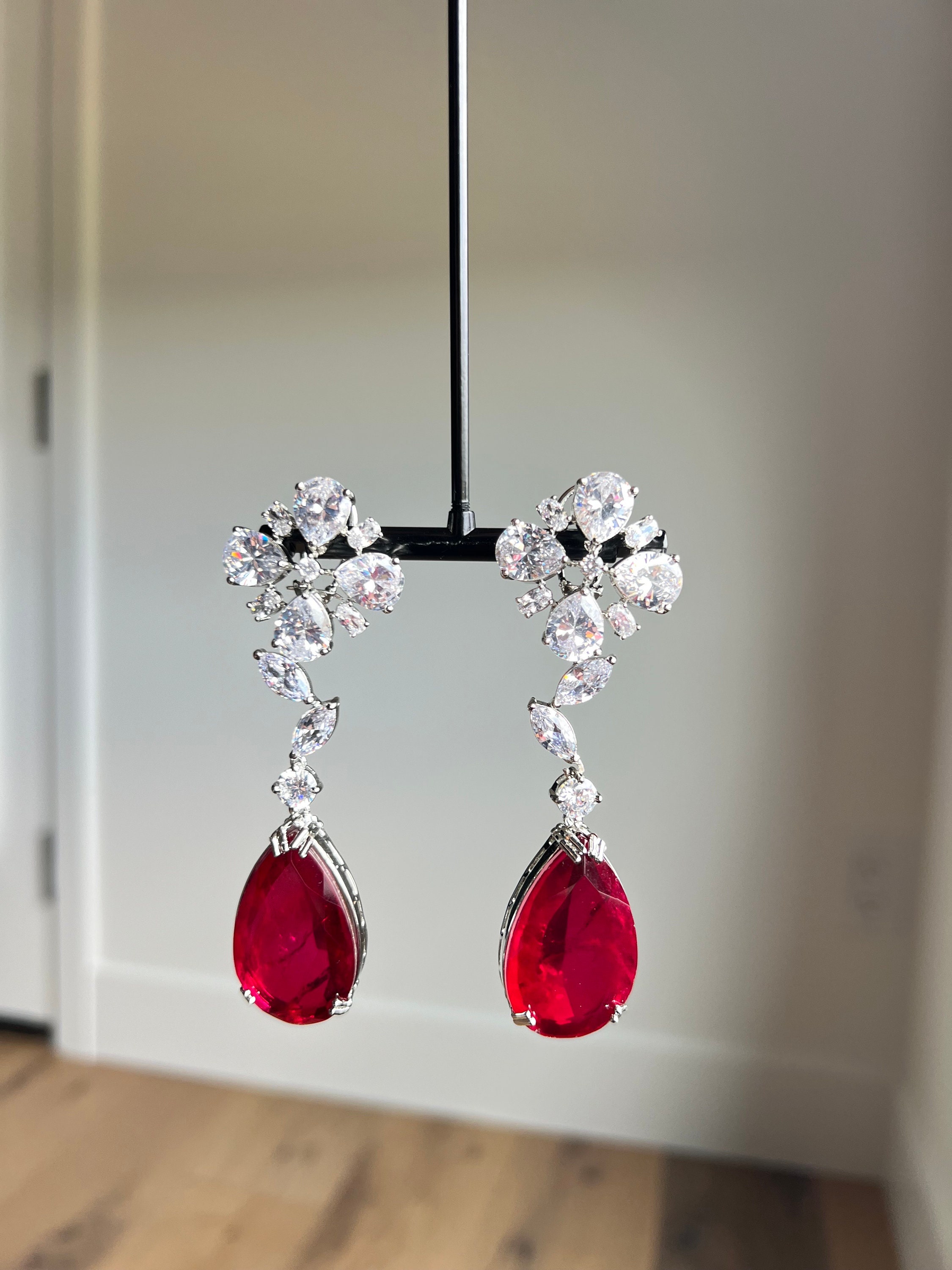 Red Dangle Ruby Red Dangle Earrings: American Diamond Bollywood Style - Etsy