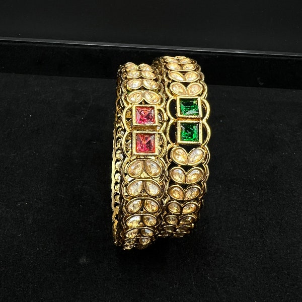 Gold Plated Polki Kadas/ Indian Kada/ Wedding Kada/ Indian wedding Bangles/ Punjabi Jewelry/ Ruby Green Bangles