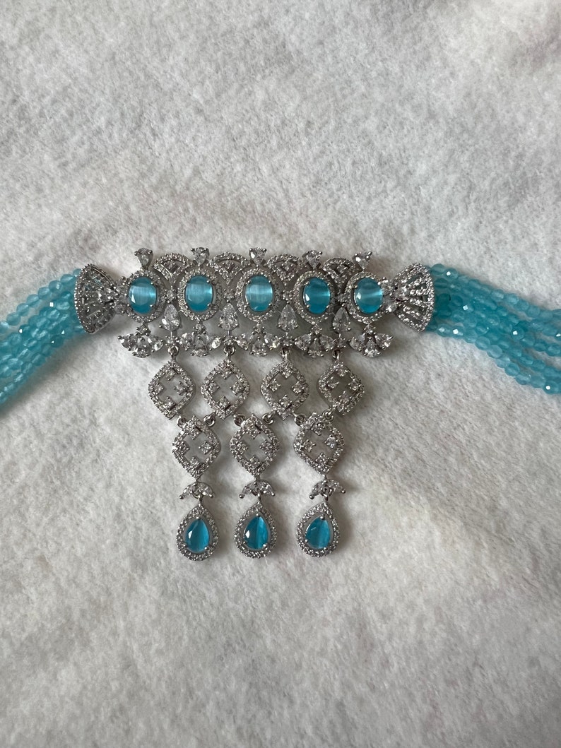 American Diamond Light Blue Necklace Set With Earrings/ Indian Jewelry/ Punjabi Jewelry/ Indian