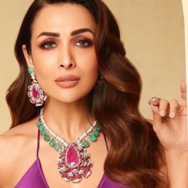 Malaika Arora Inspired Necklace/ Korean Stones/ Imported Necklace/ Designer Indian Jewelry/ Modern Look/ Luxury Designs/ Ruby and Emerald