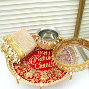 Karwa Chauth Thali Set, Red and Gold Embroidered “Happy Karwa Chauth” Thali with Channi, Lotta & Dupatta, Festive Pooja Set, Sargi Thali